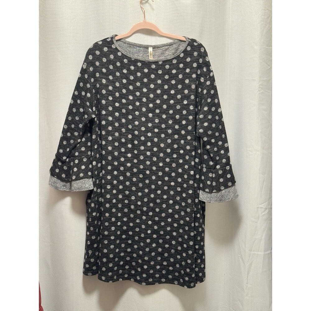 Emerald Women’s 2X Gray Polka Dot Dress 3/4 Bell Sleeve Stretch Knit USA